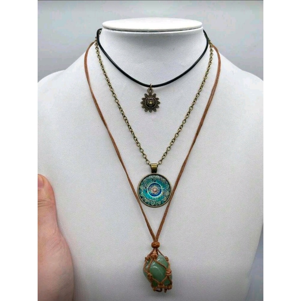 Boho Layered Necklace Set Sun Mandala Green Aventurine Stone Bronze Jewelry